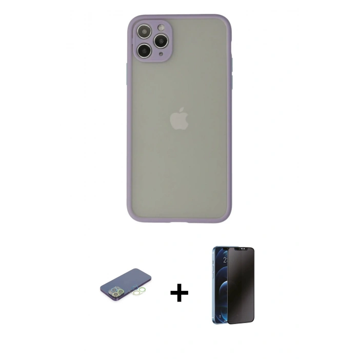 MARSİLYAN™- iPhone 12 Pro Kılıf Ahenk Çizgi Serisi - Siyah 3D Antistatik Hayalet Cam Ekran Koruyucu + Renkli Kamera Lens Koruma Cam - YL