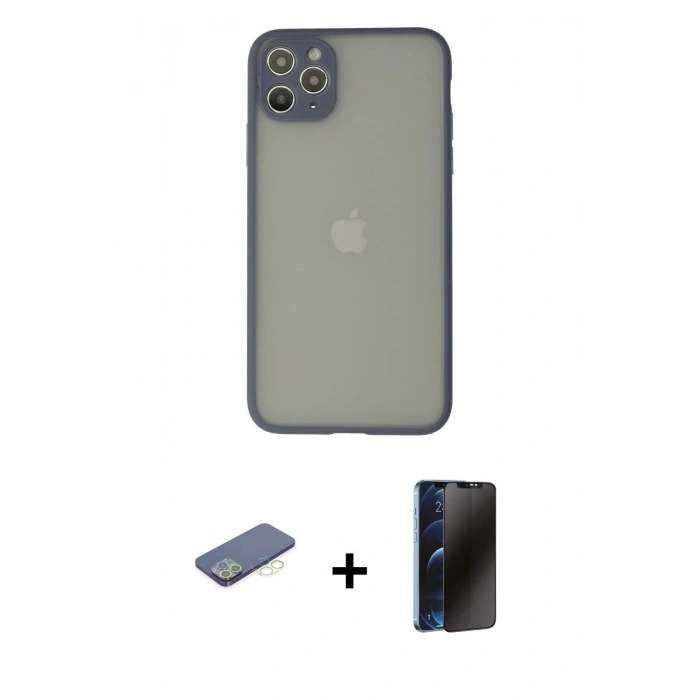 MARSİLYAN™- iPhone 12 Pro Kılıf Ahenk Çizgi Serisi - Siyah 3D Antistatik Hayalet Cam Ekran Koruyucu + Renkli Kamera Lens Koruma Cam - YL