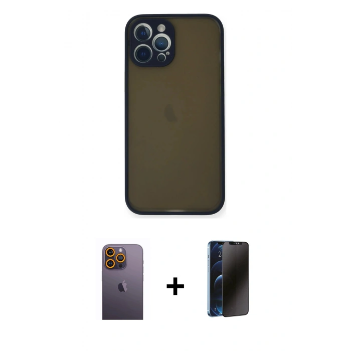 MARSİLYAN™- iPhone 12 Pro Kılıf Ahenk Çizgi Serisi - Siyah 3D Antistatik Hayalet Cam Ekran Koruyucu + Neon Fosforlu Kamera Lens - SI