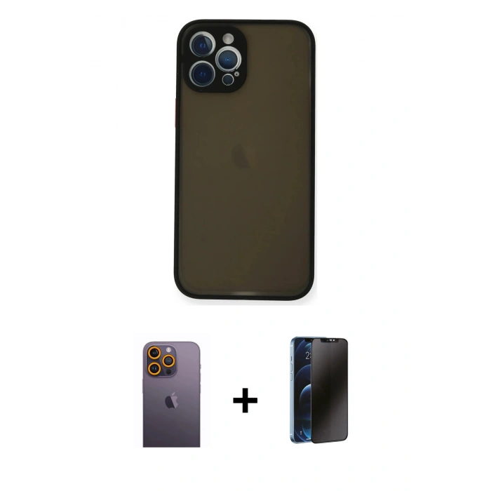MARSİLYAN™- iPhone 12 Pro Kılıf Ahenk Çizgi Serisi - Siyah 3D Antistatik Hayalet Cam Ekran Koruyucu + Neon Fosforlu Kamera Lens - SI