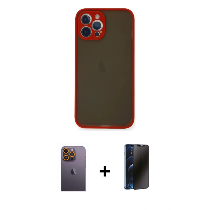 MARSİLYAN™- iPhone 12 Pro Kılıf Ahenk Çizgi Serisi - Siyah 3D Antistatik Hayalet Cam Ekran Koruyucu + Neon Fosforlu Kamera Lens - SI