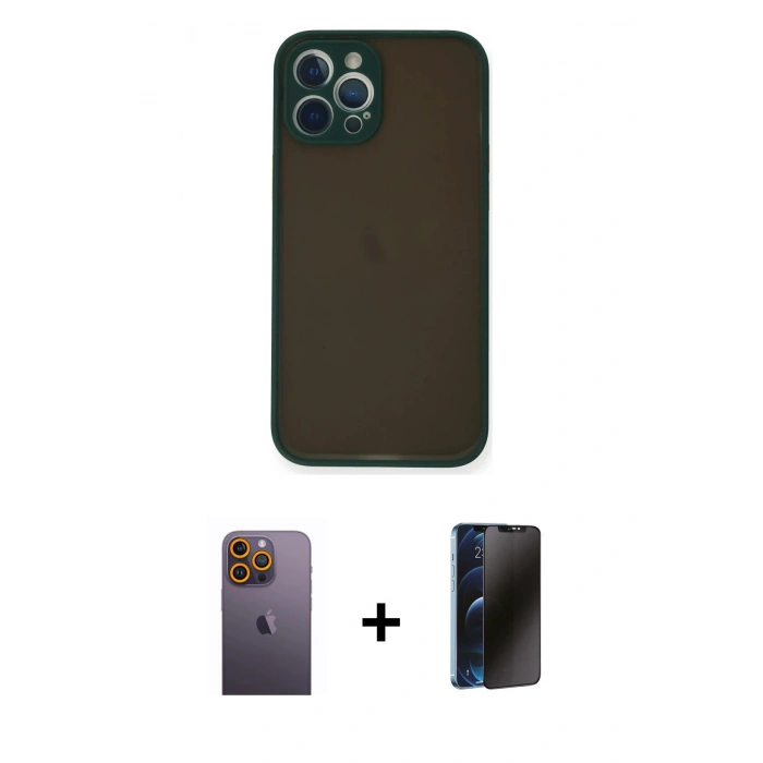 MARSİLYAN™- iPhone 12 Pro Kılıf Ahenk Çizgi Serisi - Siyah 3D Antistatik Hayalet Cam Ekran Koruyucu + Neon Fosforlu Kamera Lens - SI