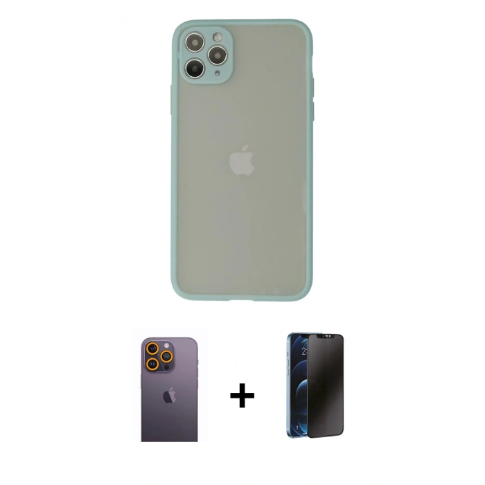 MARSİLYAN™- iPhone 12 Pro Kılıf Ahenk Çizgi Serisi - Siyah 3D Antistatik Hayalet Cam Ekran Koruyucu + Neon Fosforlu Kamera Lens - SI