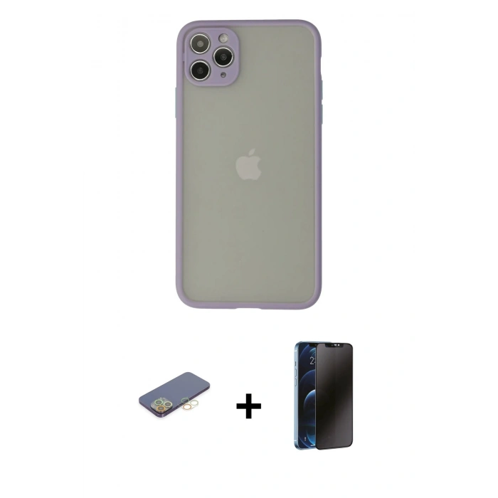 MARSİLYAN™- iPhone 12 Pro Kılıf Ahenk Çizgi Serisi - Siyah 3D Antistatik Hayalet Cam Ekran Koruyucu + Renkli Kamera Lens Koruma Cam - SI