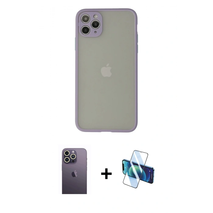 MARSİLYAN™- iPhone 12 Pro Kılıf Ahenk Çizgi Serisi - Siyah 3D Antistatik Seramik Nano Ekran Koruyucu + Neon Fosforlu Kamera Lens - BZ