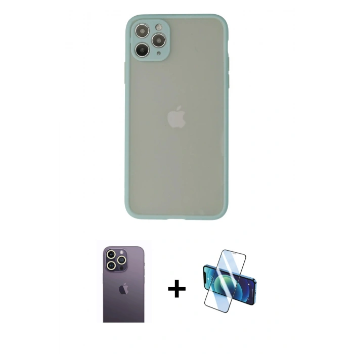 MARSİLYAN™- iPhone 12 Pro Kılıf Ahenk Çizgi Serisi - Siyah 3D Antistatik Seramik Nano Ekran Koruyucu + Neon Fosforlu Kamera Lens - BZ