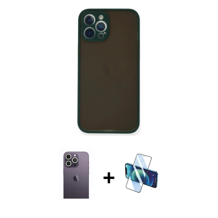 MARSİLYAN™- iPhone 12 Pro Kılıf Ahenk Çizgi Serisi - Siyah 3D Antistatik Seramik Nano Ekran Koruyucu + Neon Fosforlu Kamera Lens - BZ