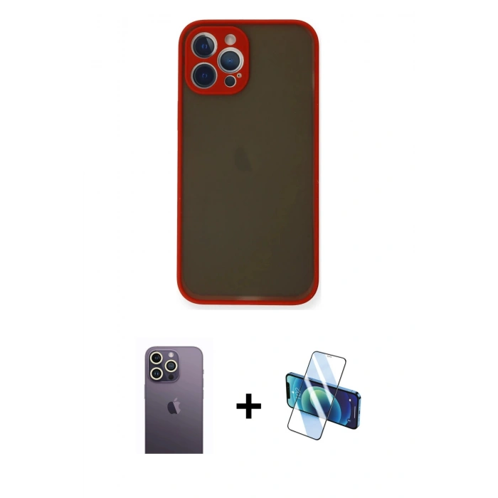 MARSİLYAN™- iPhone 12 Pro Kılıf Ahenk Çizgi Serisi - Siyah 3D Antistatik Seramik Nano Ekran Koruyucu + Neon Fosforlu Kamera Lens - BZ