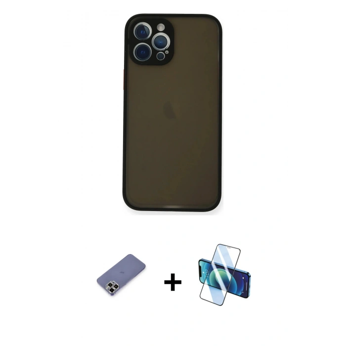 MARSİLYAN™- iPhone 12 Pro Kılıf Ahenk Çizgi Serisi - Siyah 3D Antistatik Seramik Nano Ekran Koruyucu + Metal Kamera Lens Koruma Cam - GD
