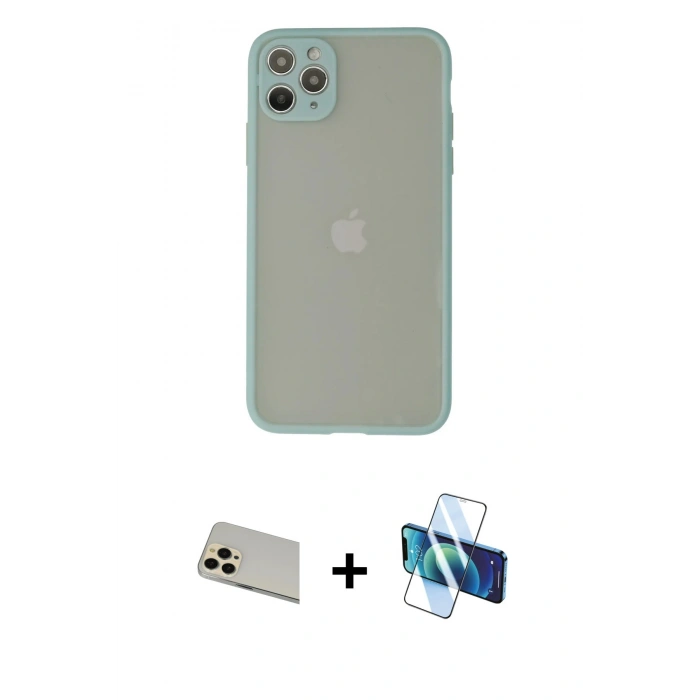 MARSİLYAN™- iPhone 12 Pro Kılıf Ahenk Çizgi Serisi - Siyah 3D Antistatik Seramik Nano Ekran Koruyucu + Gold Rainbow Kamera Lens Koruma Cam