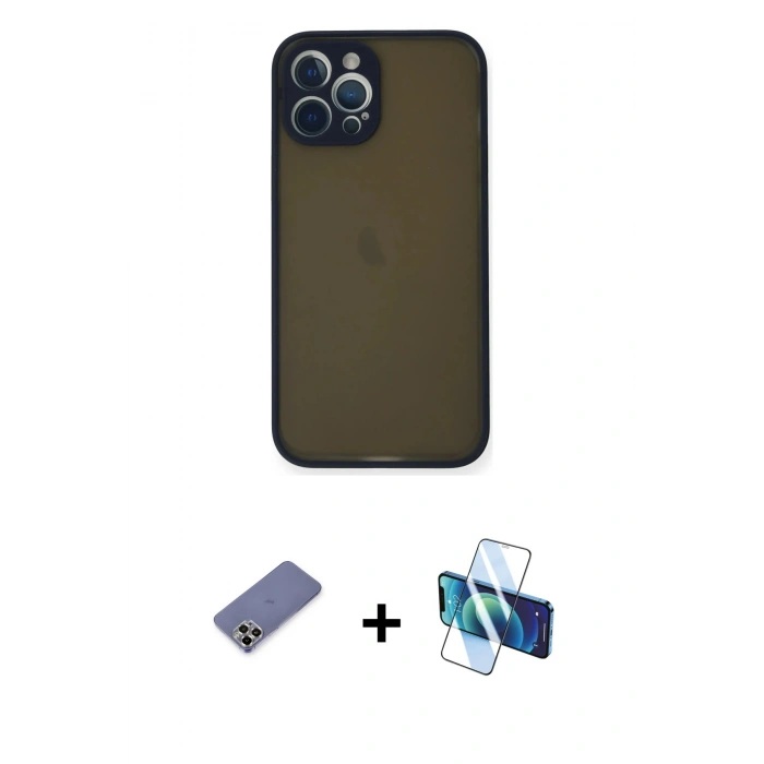 MARSİLYAN™- iPhone 12 Pro Kılıf Ahenk Çizgi Serisi - Siyah 3D Antistatik Seramik Nano Ekran Koruyucu + Metal Kamera Lens Koruma Cam - GD