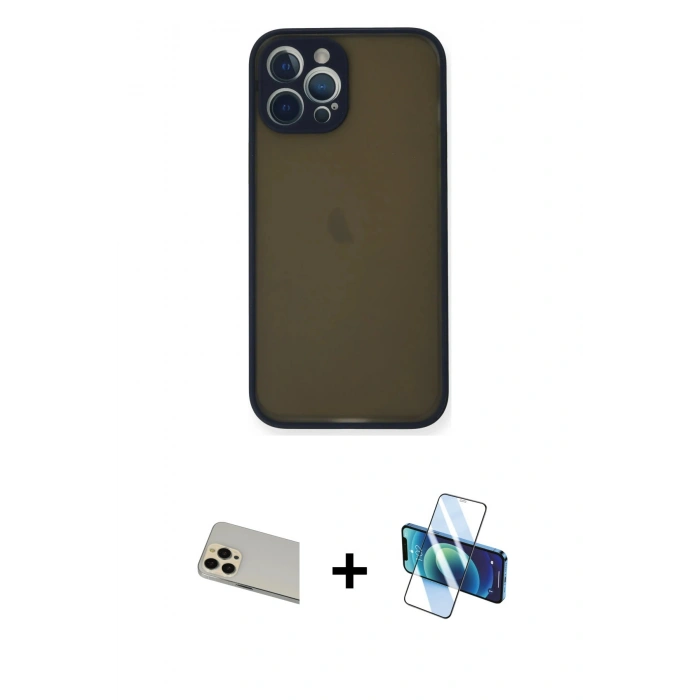MARSİLYAN™- iPhone 12 Pro Kılıf Ahenk Çizgi Serisi - Siyah 3D Antistatik Seramik Nano Ekran Koruyucu + Gold Rainbow Kamera Lens Koruma Cam