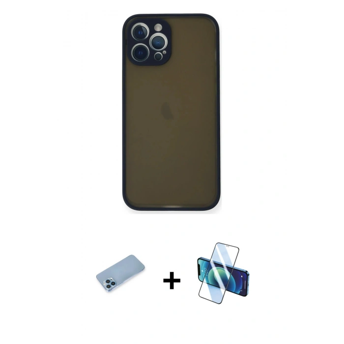 MARSİLYAN™- iPhone 12 Pro Kılıf Ahenk Çizgi Serisi - Siyah 3D Antistatik Seramik Nano Ekran Koruyucu + Shine Kamera Lens Koruma Cam - MI