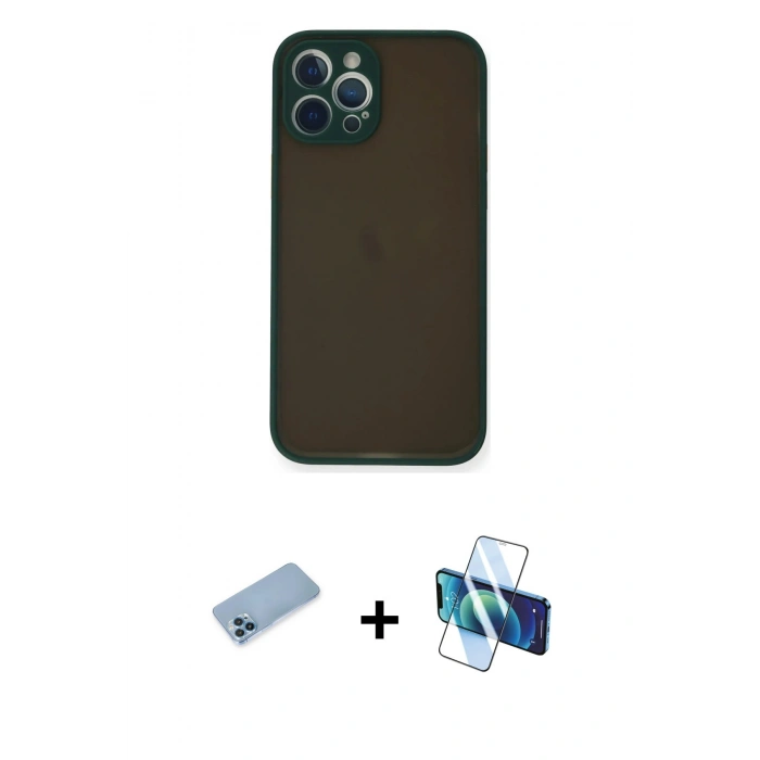 MARSİLYAN™- iPhone 12 Pro Kılıf Ahenk Çizgi Serisi - Siyah 3D Antistatik Seramik Nano Ekran Koruyucu + Shine Kamera Lens Koruma Cam - MI
