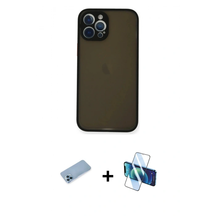 MARSİLYAN™- iPhone 12 Pro Kılıf Ahenk Çizgi Serisi - Siyah 3D Antistatik Seramik Nano Ekran Koruyucu + Shine Kamera Lens Koruma Cam - MI