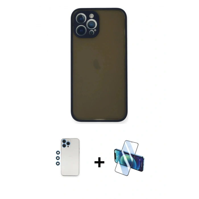 MARSİLYAN™- iPhone 12 Pro Kılıf Ahenk Çizgi Serisi - Siyah 3D Antistatik Seramik Nano Ekran Koruyucu + Mavi Shine Kamera Lens