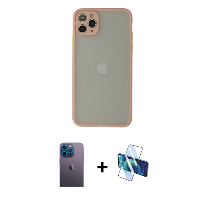 MARSİLYAN™- iPhone 12 Pro Kılıf Ahenk Çizgi Serisi - Siyah 3D Antistatik Seramik Nano Ekran Koruyucu + Mavi Neon Fosforlu Kamera Lens