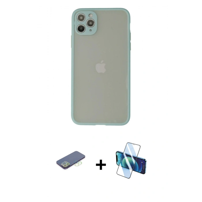 MARSİLYAN™- iPhone 12 Pro Kılıf Ahenk Çizgi Serisi - Siyah 3D Antistatik Seramik Nano Ekran Koruyucu + Renkli Kamera Lens Koruma Cam - YL