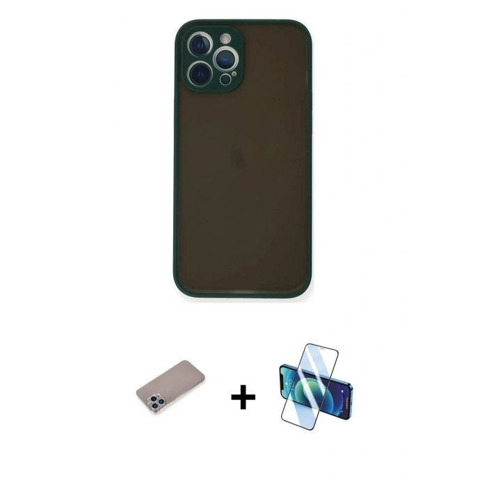 MARSİLYAN™- iPhone 12 Pro Kılıf Ahenk Çizgi Serisi - Siyah 3D Antistatik Seramik Nano Ekran Koruyucu + Shine Kamera Lens Koruma Cam - SABE