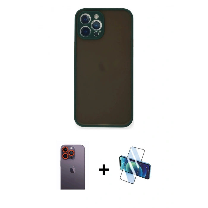 MARSİLYAN™- iPhone 12 Pro Kılıf Ahenk Çizgi Serisi - Siyah 3D Antistatik Seramik Nano Ekran Koruyucu + Turuncu Neon Fosforlu Kamera Lens