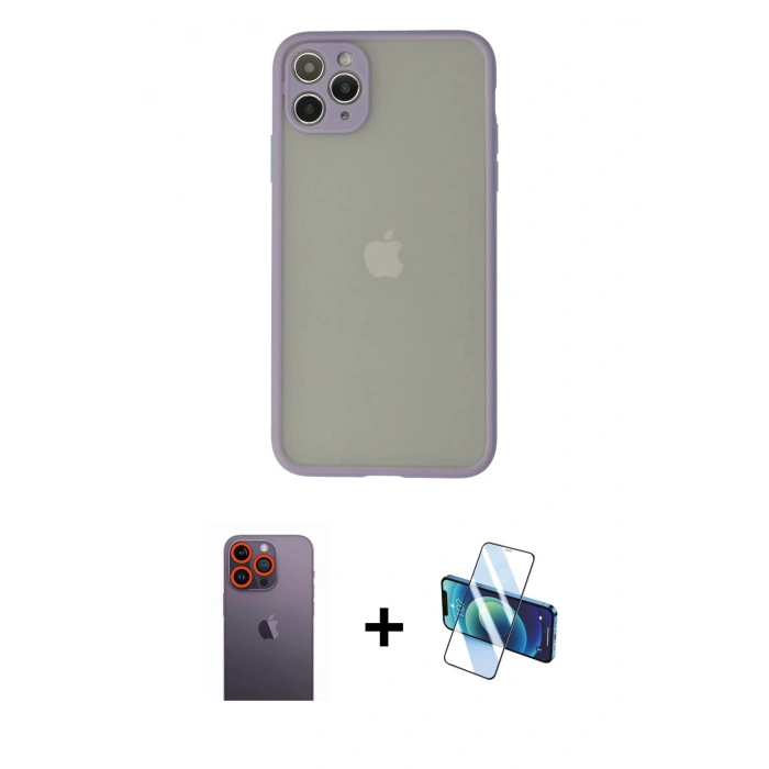 MARSİLYAN™- iPhone 12 Pro Kılıf Ahenk Çizgi Serisi - Siyah 3D Antistatik Seramik Nano Ekran Koruyucu + Turuncu Neon Fosforlu Kamera Lens