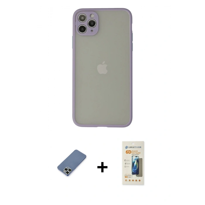 MARSİLYAN™- iPhone 12 Pro Kılıf Ahenk Çizgi Serisi - Siyah 6D Mat Seramik Hayalet Nano Ekran Koruyucu + Açık Yeşil Metal Kamera Lens Koruma Cam