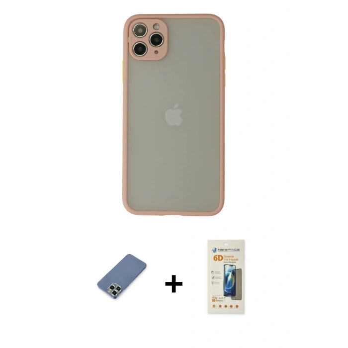MARSİLYAN™- iPhone 12 Pro Kılıf Ahenk Çizgi Serisi - Siyah 6D Mat Seramik Hayalet Nano Ekran Koruyucu + Açık Yeşil Metal Kamera Lens Koruma Cam