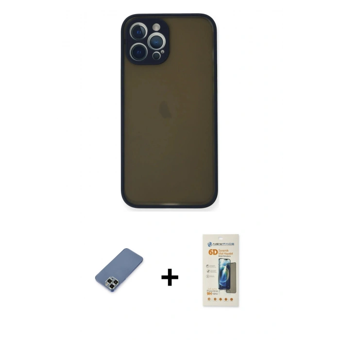 MARSİLYAN™- iPhone 12 Pro Kılıf Ahenk Çizgi Serisi - Siyah 6D Mat Seramik Hayalet Nano Ekran Koruyucu + Açık Yeşil Metal Kamera Lens Koruma Cam