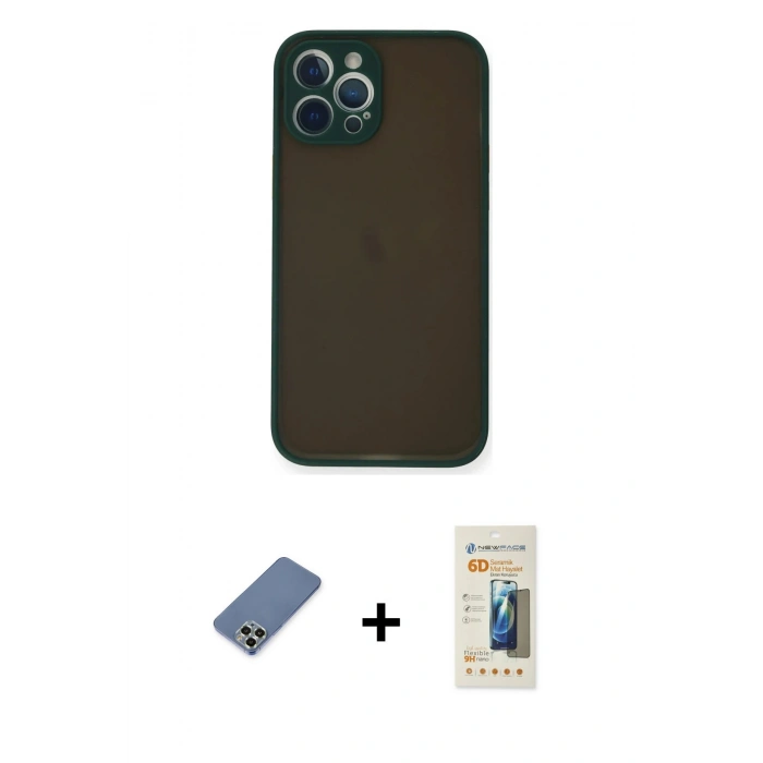 MARSİLYAN™- iPhone 12 Pro Kılıf Ahenk Çizgi Serisi - Siyah 6D Mat Seramik Hayalet Nano Ekran Koruyucu + Açık Yeşil Metal Kamera Lens Koruma Cam
