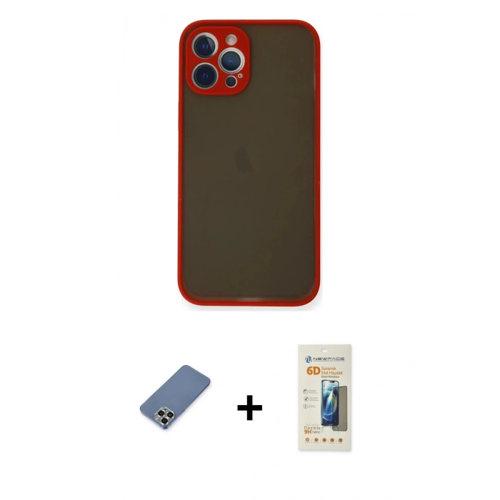 MARSİLYAN™- iPhone 12 Pro Kılıf Ahenk Çizgi Serisi - Siyah 6D Mat Seramik Hayalet Nano Ekran Koruyucu + Açık Yeşil Metal Kamera Lens Koruma Cam