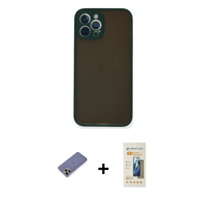 MARSİLYAN™- iPhone 12 Pro Kılıf Ahenk Çizgi Serisi - Siyah 6D Mat Seramik Hayalet Nano Ekran Koruyucu + Metal Kamera Lens Koruma Cam - GD