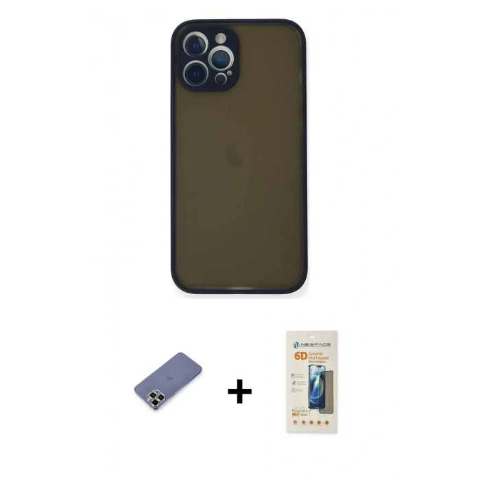 MARSİLYAN™- iPhone 12 Pro Kılıf Ahenk Çizgi Serisi - Siyah 6D Mat Seramik Hayalet Nano Ekran Koruyucu + Metal Kamera Lens Koruma Cam - GD