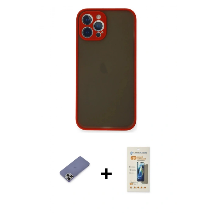 MARSİLYAN™- iPhone 12 Pro Kılıf Ahenk Çizgi Serisi - Siyah 6D Mat Seramik Hayalet Nano Ekran Koruyucu + Metal Kamera Lens Koruma Cam - GD