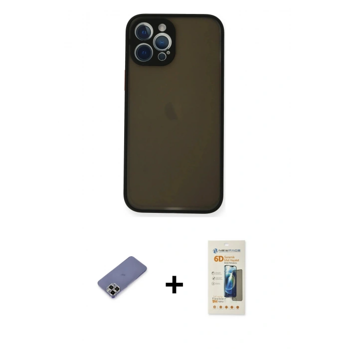 MARSİLYAN™- iPhone 12 Pro Kılıf Ahenk Çizgi Serisi - Siyah 6D Mat Seramik Hayalet Nano Ekran Koruyucu + Metal Kamera Lens Koruma Cam - GD
