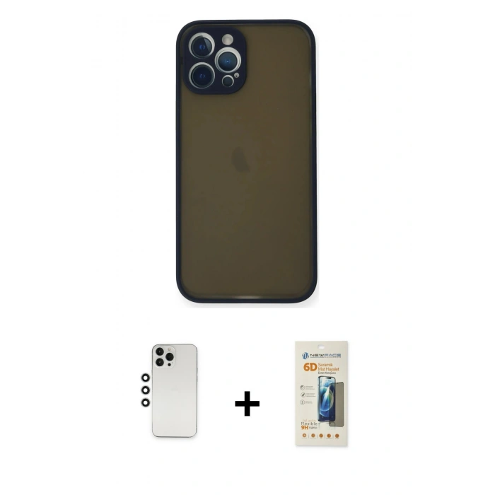 MARSİLYAN™- iPhone 12 Pro Kılıf Ahenk Çizgi Serisi - Siyah 6D Mat Seramik Hayalet Nano Ekran Koruyucu + Shine Kamera Lens - GS