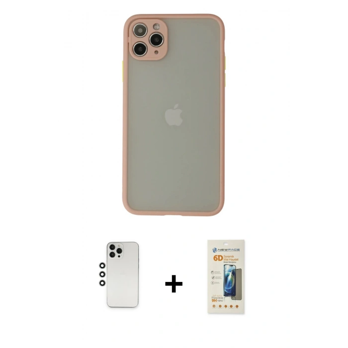 MARSİLYAN™- iPhone 12 Pro Kılıf Ahenk Çizgi Serisi - Siyah 6D Mat Seramik Hayalet Nano Ekran Koruyucu + Shine Kamera Lens - GS