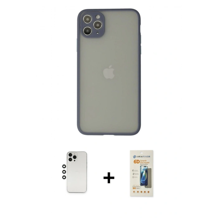 MARSİLYAN™- iPhone 12 Pro Kılıf Ahenk Çizgi Serisi - Siyah 6D Mat Seramik Hayalet Nano Ekran Koruyucu + Shine Kamera Lens - GS