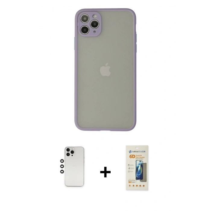 MARSİLYAN™- iPhone 12 Pro Kılıf Ahenk Çizgi Serisi - Siyah 6D Mat Seramik Hayalet Nano Ekran Koruyucu + Shine Kamera Lens - GS