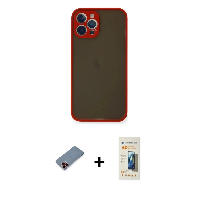 MARSİLYAN™- iPhone 12 Pro Kılıf Ahenk Çizgi Serisi - Siyah 6D Mat Seramik Hayalet Nano Ekran Koruyucu + Metal Kamera Lens Koruma Cam - KI