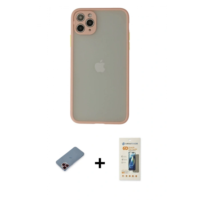 MARSİLYAN™- iPhone 12 Pro Kılıf Ahenk Çizgi Serisi - Siyah 6D Mat Seramik Hayalet Nano Ekran Koruyucu + Metal Kamera Lens Koruma Cam - KI