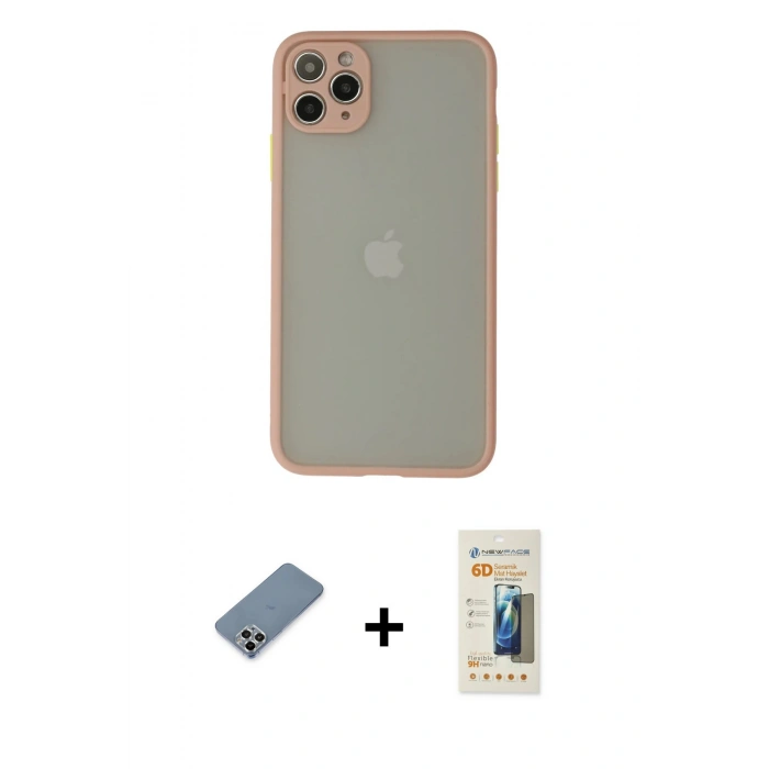 MARSİLYAN™- iPhone 12 Pro Kılıf Ahenk Çizgi Serisi - Siyah 6D Mat Seramik Hayalet Nano Ekran Koruyucu + Metal Kamera Lens Koruma Cam - GS