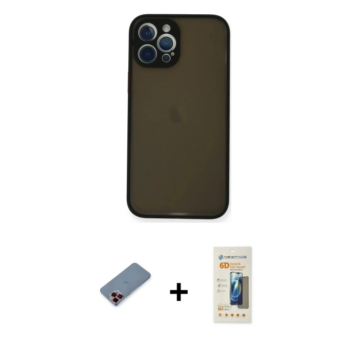 MARSİLYAN™- iPhone 12 Pro Kılıf Ahenk Çizgi Serisi - Siyah 6D Mat Seramik Hayalet Nano Ekran Koruyucu + Metal Kamera Lens Koruma Cam - KI