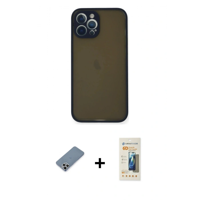 MARSİLYAN™- iPhone 12 Pro Kılıf Ahenk Çizgi Serisi - Siyah 6D Mat Seramik Hayalet Nano Ekran Koruyucu + Metal Kamera Lens Koruma Cam - GS