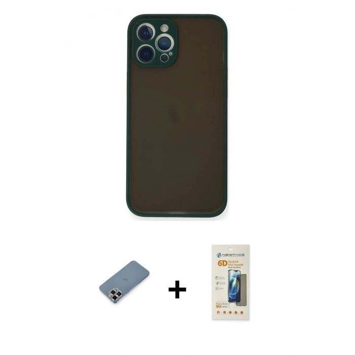 MARSİLYAN™- iPhone 12 Pro Kılıf Ahenk Çizgi Serisi - Siyah 6D Mat Seramik Hayalet Nano Ekran Koruyucu + Metal Kamera Lens Koruma Cam - MR