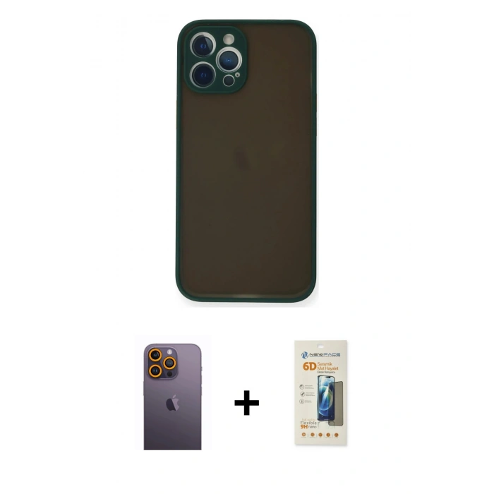 MARSİLYAN™- iPhone 12 Pro Kılıf Ahenk Çizgi Serisi - Siyah 6D Mat Seramik Hayalet Nano Ekran Koruyucu + Neon Fosforlu Kamera Lens - SI