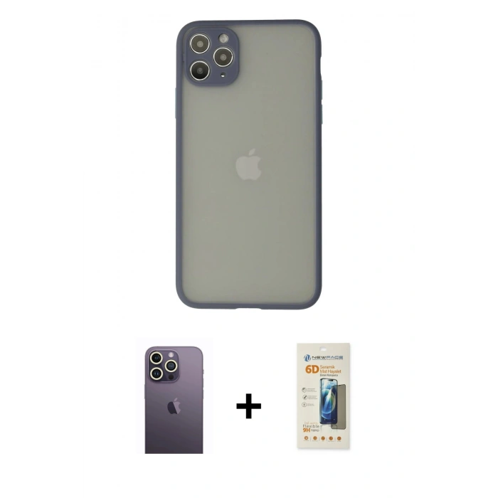 MARSİLYAN™- iPhone 12 Pro Kılıf Ahenk Çizgi Serisi - Siyah 6D Mat Seramik Hayalet Nano Ekran Koruyucu + Neon Fosforlu Kamera Lens - BZ