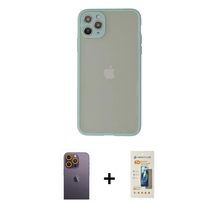 MARSİLYAN™- iPhone 12 Pro Kılıf Ahenk Çizgi Serisi - Siyah 6D Mat Seramik Hayalet Nano Ekran Koruyucu + Neon Fosforlu Kamera Lens - SI