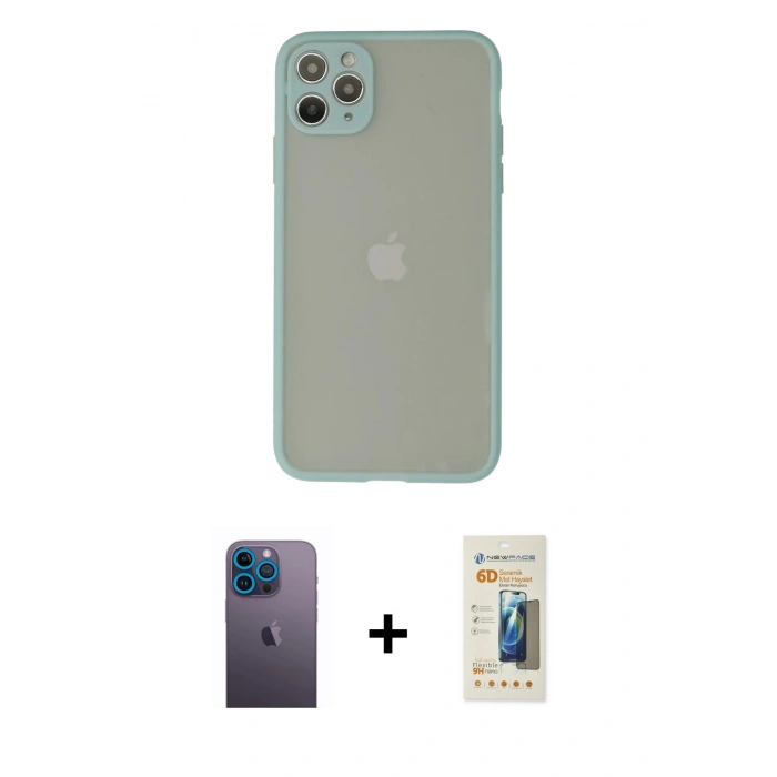 MARSİLYAN™- iPhone 12 Pro Kılıf Ahenk Çizgi Serisi - Siyah 6D Mat Seramik Hayalet Nano Ekran Koruyucu + Neon Fosforlu Kamera Lens - MI