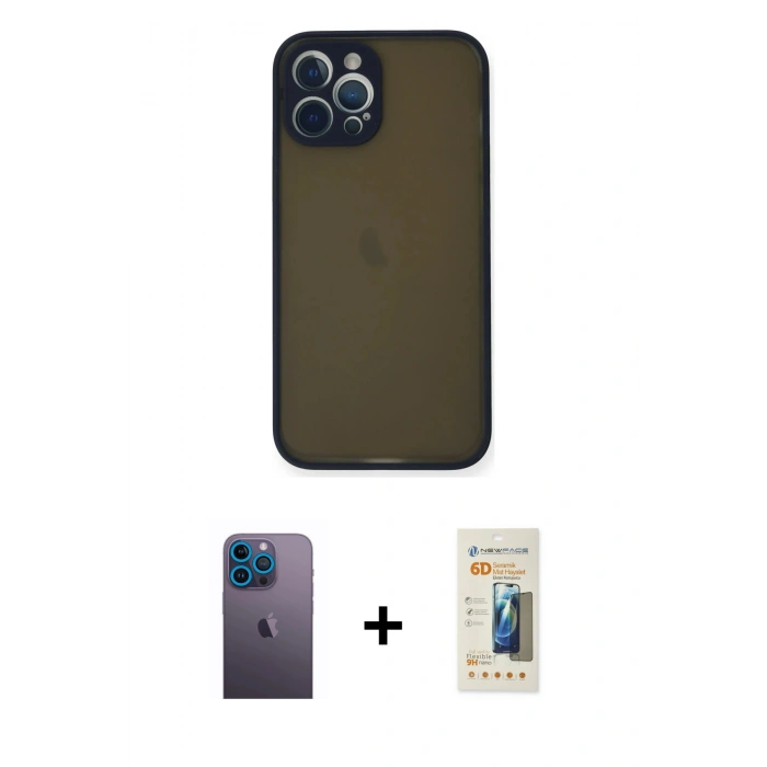 MARSİLYAN™- iPhone 12 Pro Kılıf Ahenk Çizgi Serisi - Siyah 6D Mat Seramik Hayalet Nano Ekran Koruyucu + Neon Fosforlu Kamera Lens - MI