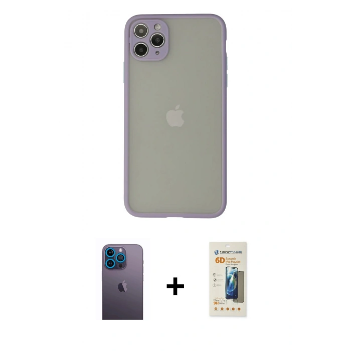 MARSİLYAN™- iPhone 12 Pro Kılıf Ahenk Çizgi Serisi - Siyah 6D Mat Seramik Hayalet Nano Ekran Koruyucu + Neon Fosforlu Kamera Lens - MI